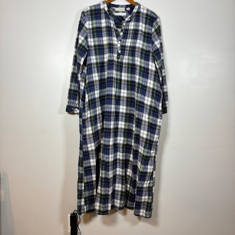 LL Bean Nightgown L Plaid Flannel Maxi Henley Sleepwear Loungewear Cozy Winter